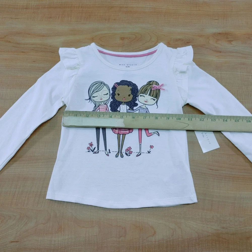 Max Studio Kids Girls White Long Sleeve Graphic T-Shirt Ruffle Shoulder Size 4